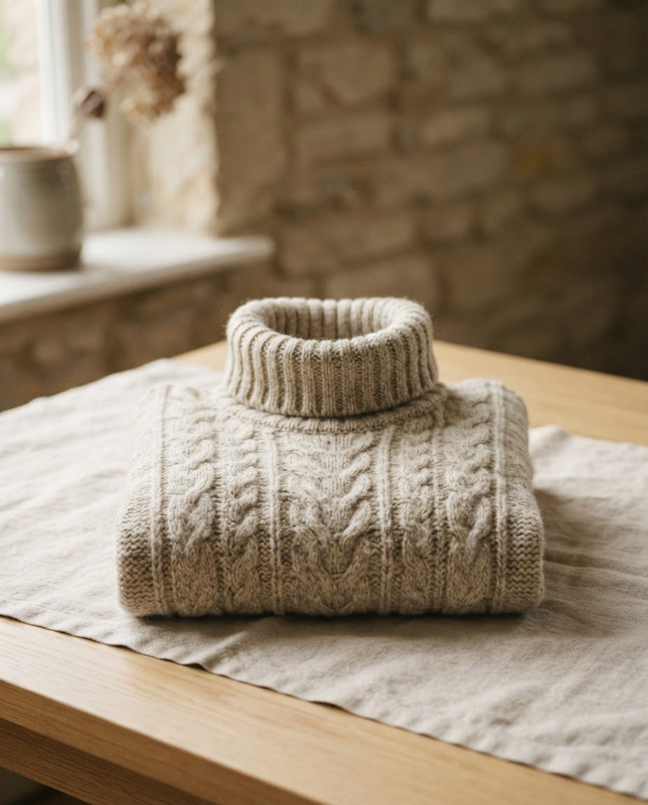 Folded cream cable-knit turtleneck jumper on linen