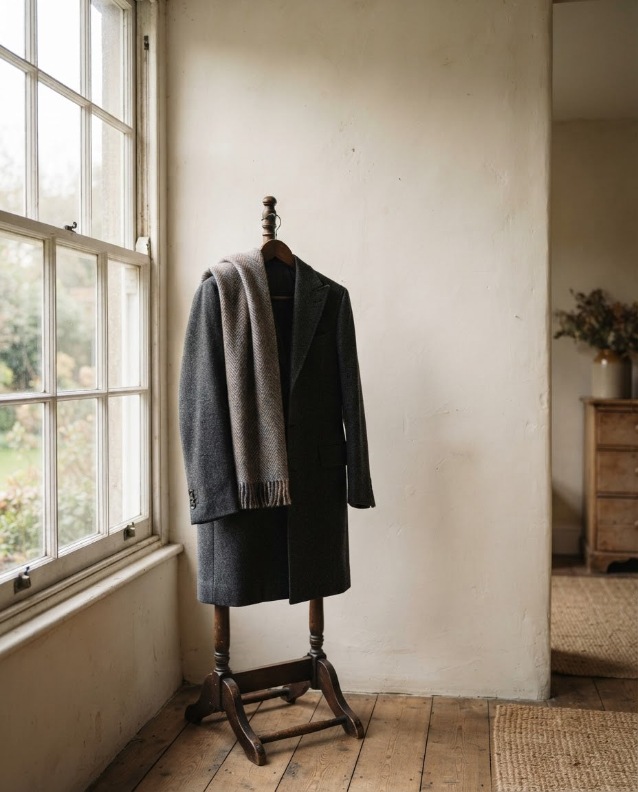Charcoal wool overcoat on a coat stand by a window