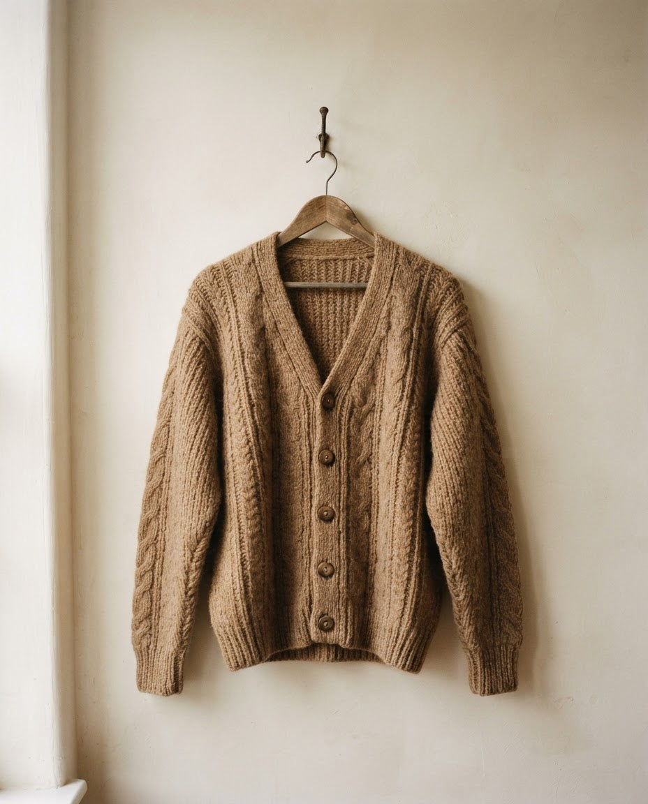 Camel chunky knit cardigan on a wooden hanger