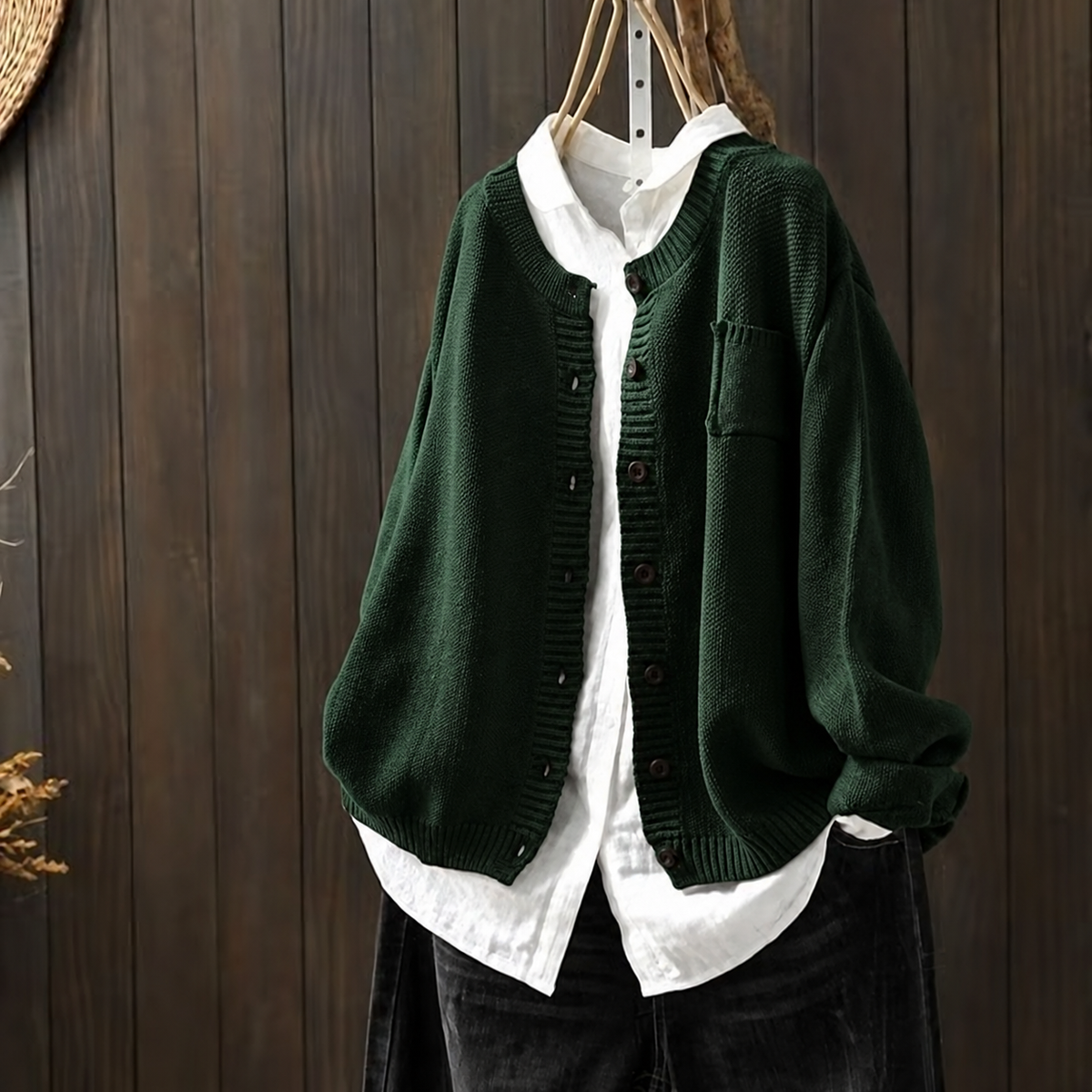 Women's Relaxed Button-Front Knit Cardigan - Dark Green