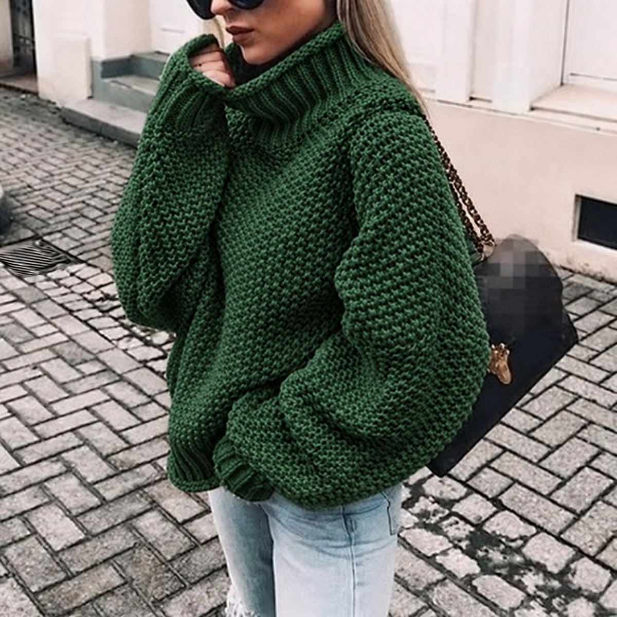Women's Oversized Chunky-Knit Turtleneck Jumper - Green
