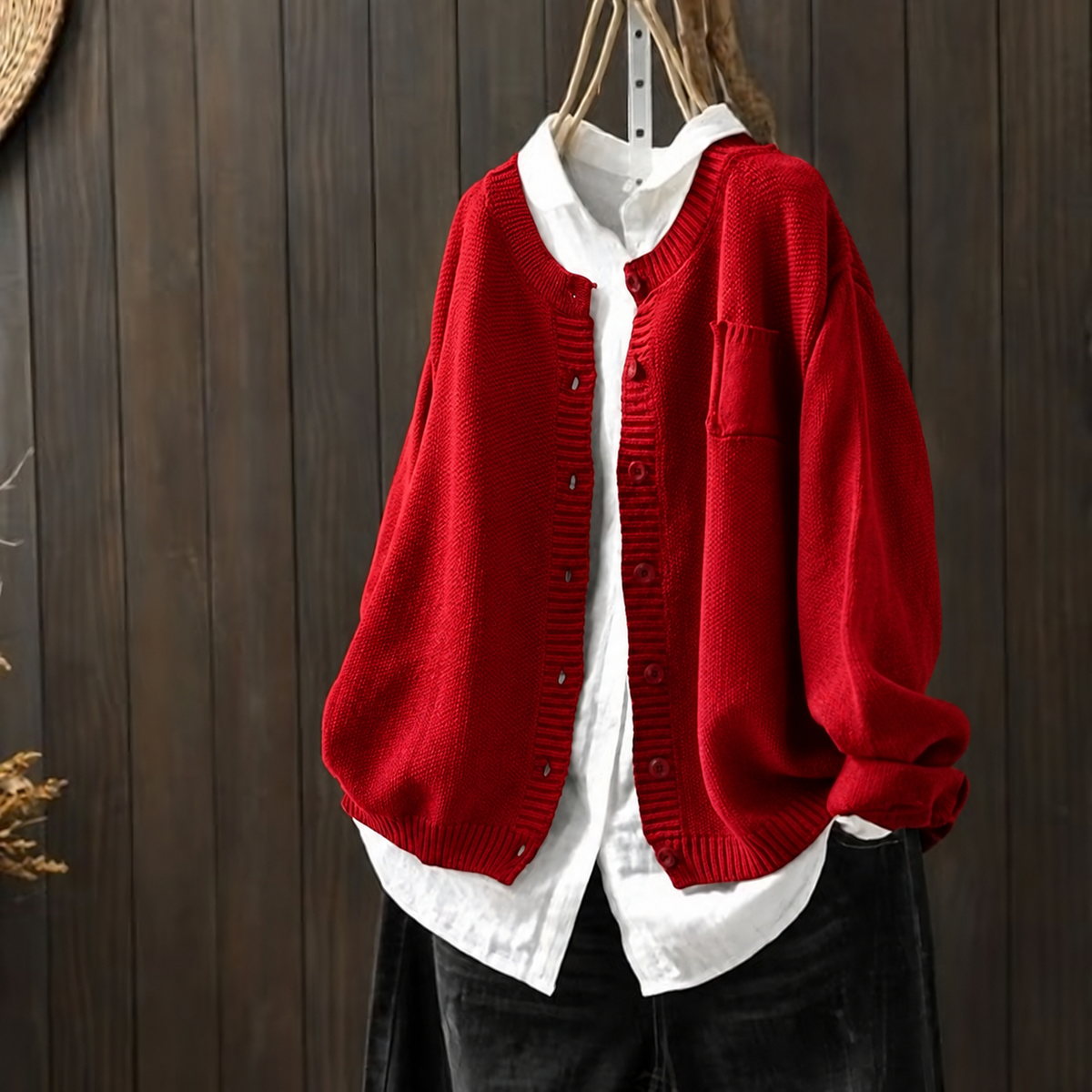 Women's Relaxed Button-Front Knit Cardigan - Red
