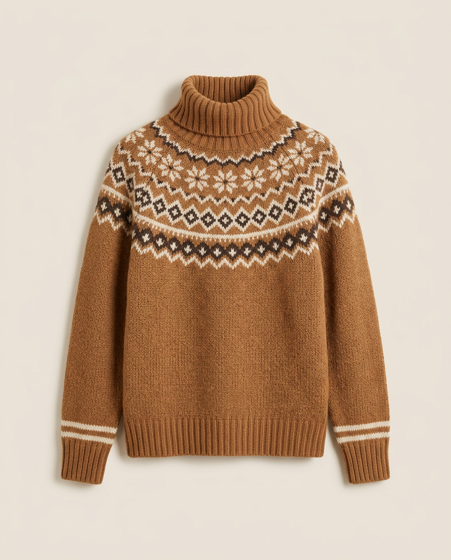 Women's Fair Isle knit turtleneck jumper in caramel, front view