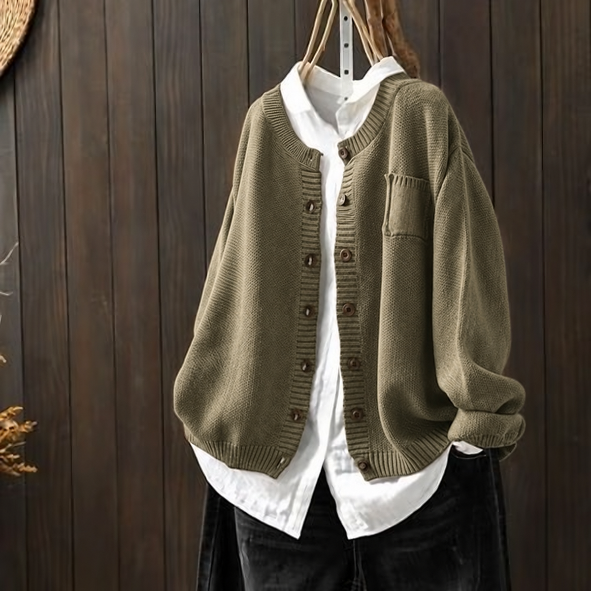Women's Relaxed Button-Front Knit Cardigan - Khaki