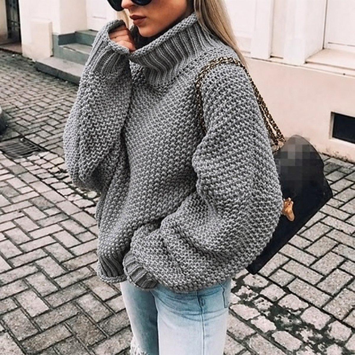 Women's Oversized Chunky-Knit Turtleneck Jumper - Grey