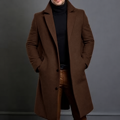 Men's Tailored Long Wool-Blend Overcoat - Brown