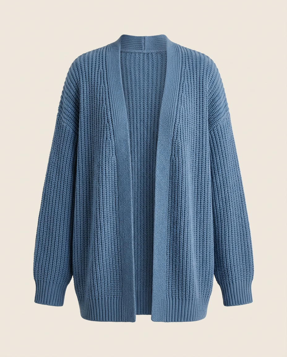 Women's oversized open-front chunky knit cardigan in blue, front view
