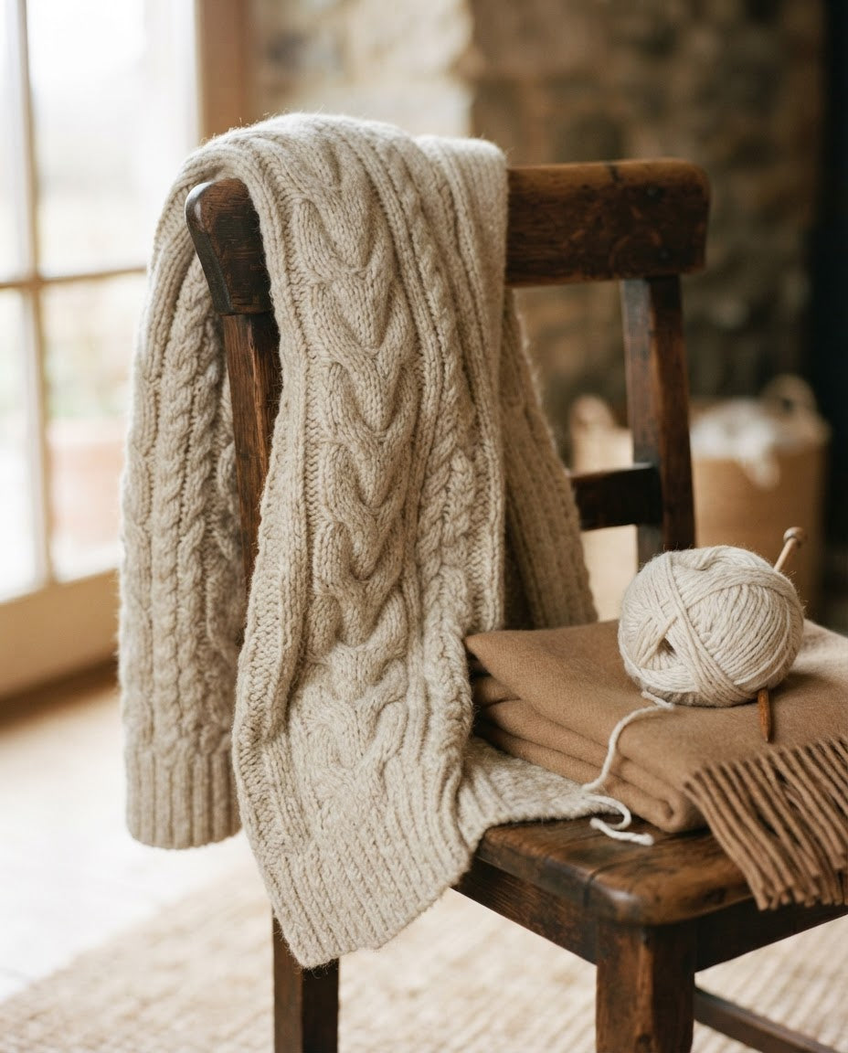 Cream cable-knit cardigan draped over a wooden chair with a wool scarf and yarn