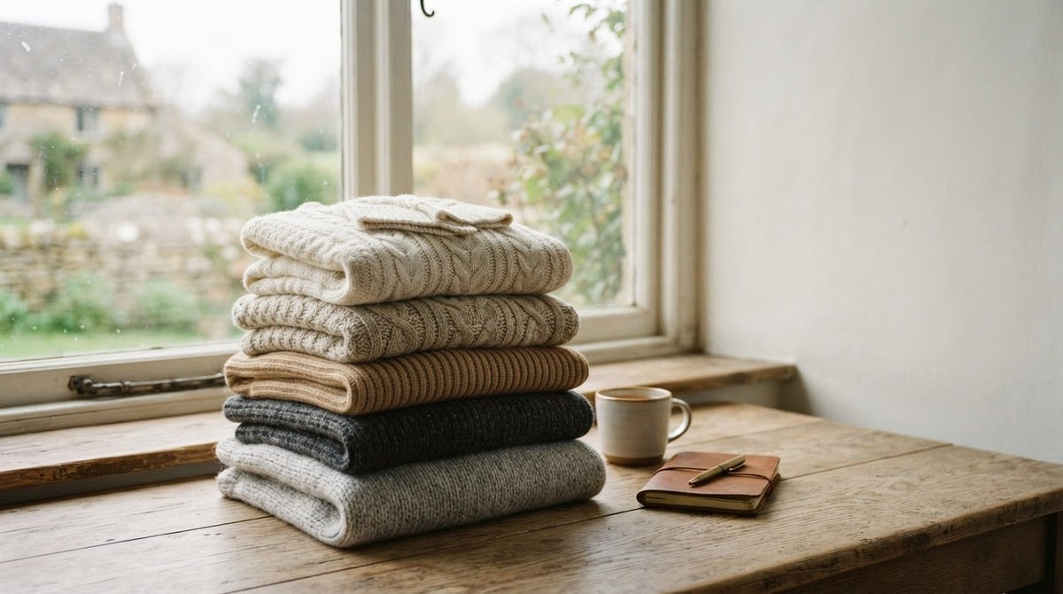 Folded wool jumpers and cardigans by a cottage window