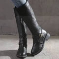Women's Knee-High Buckle Strap Boots with Block Heel - Black