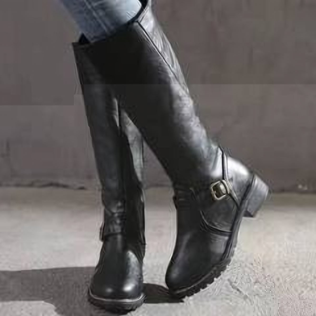 Women's Knee-High Buckle Strap Boots with Block Heel - Black
