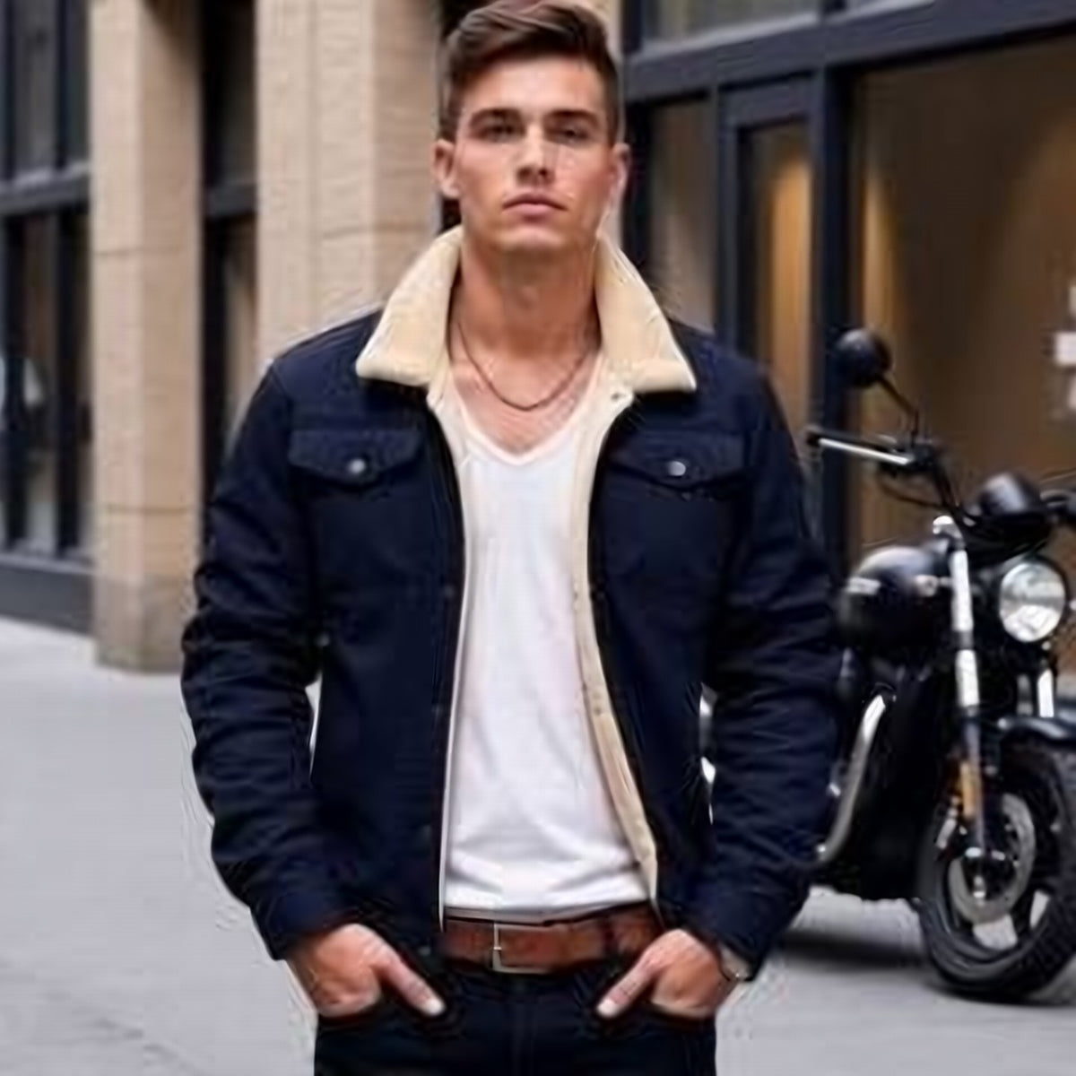 Men's Sherpa-Lined Fleece Winter Jacket - Navy Blue