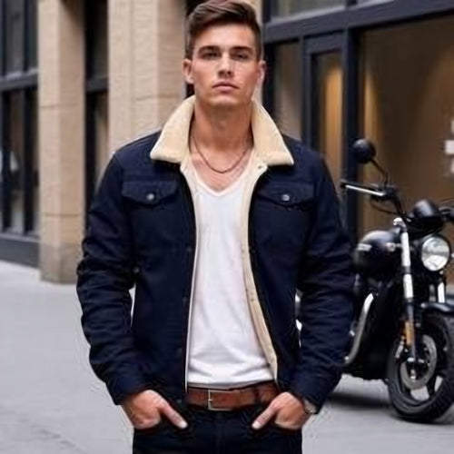 Men's Sherpa-Lined Fleece Winter Jacket - Navy Blue
