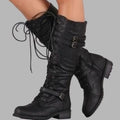 Women's Knee-High Lace-Up Combat Boots with Buckle Straps - Black