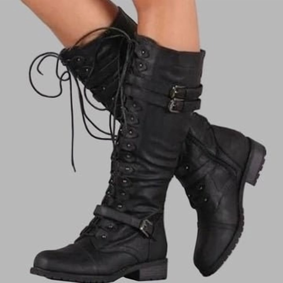 Women's Knee-High Lace-Up Combat Boots with Buckle Straps - Black