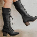 Women's Lace-Up Knee-High Boots with Block Heel - Black