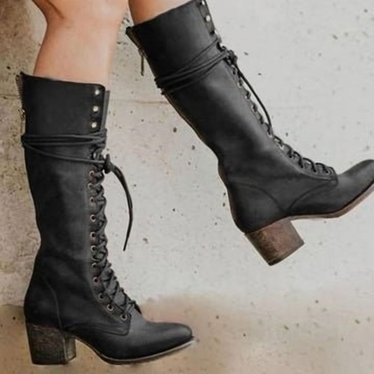 Women's Lace-Up Knee-High Boots with Block Heel - Black