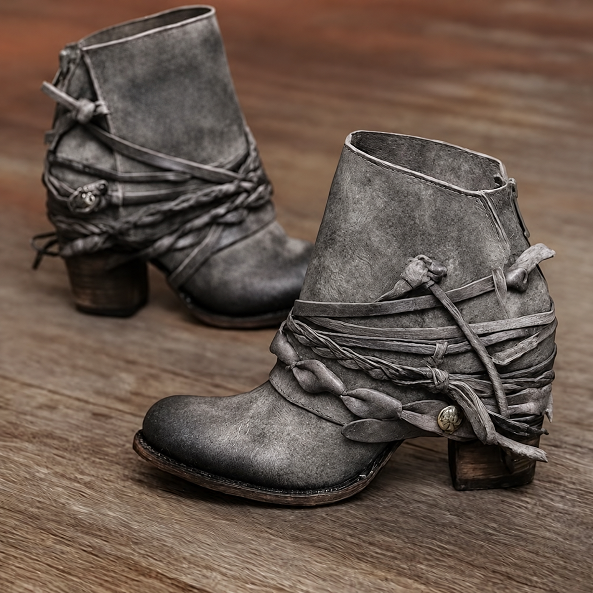 Women's Western Ankle Boots with Wrap-Around Straps - Grey