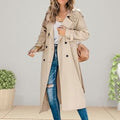 Women's Long Double-Breasted Belted Trench Coat - Khaki