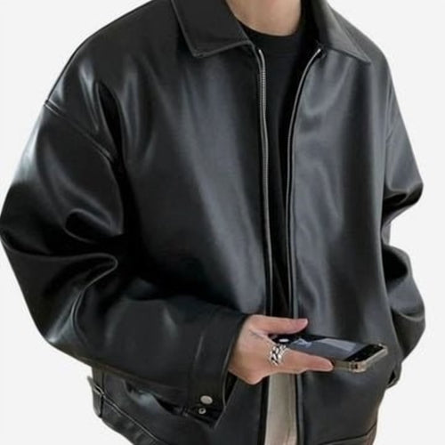 Men's Oversized Faux-Leather Zip Jacket - Black