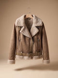 Women's Cropped Moto Jacket with Faux-Shearling Lining - Brown