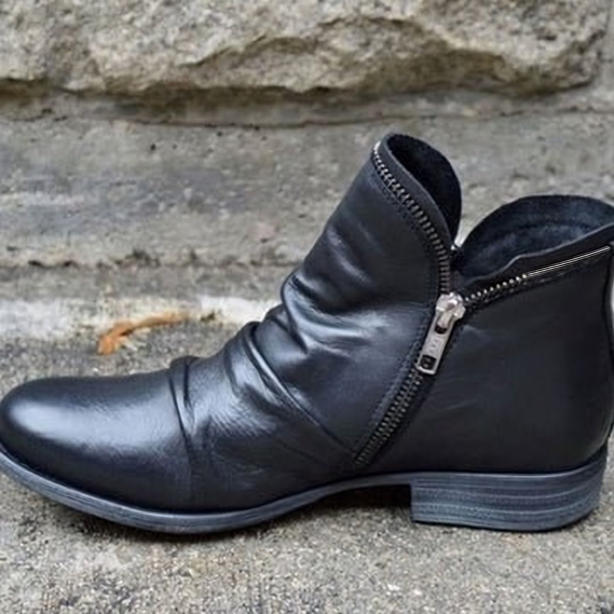 Women's Ruched Ankle Boots with Side Zip - Black