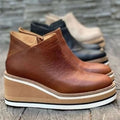 Women's Platform Wedge Ankle Boots with Side Zip - Brown